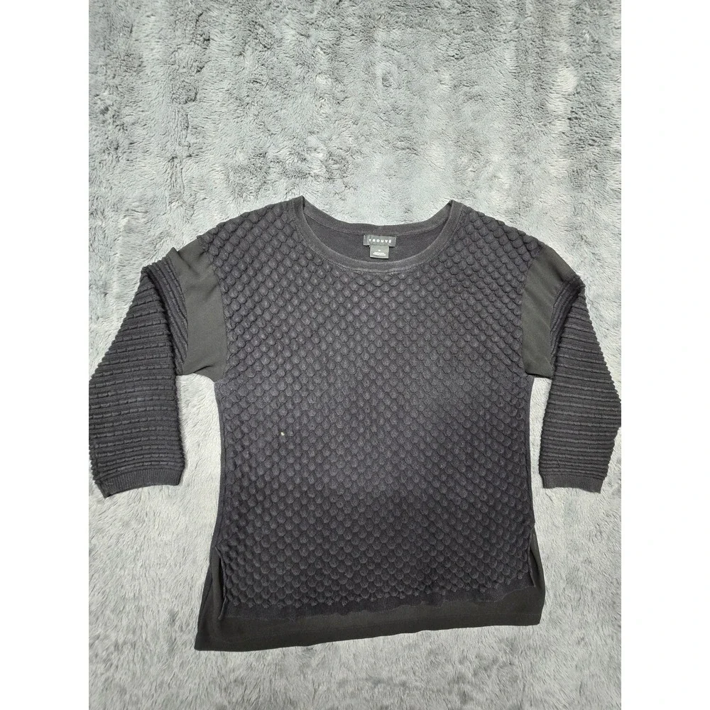 Trouve Black Popcorn Knit Mixed Media Sweater Crew Neck Women Medium HL288971